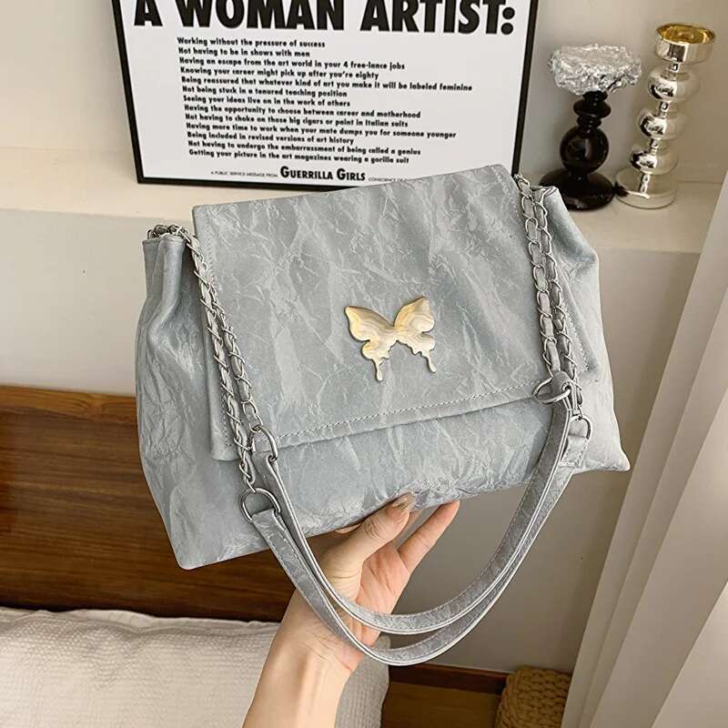 New Ladies Shoulder Fashion Commuter Slanting Cross Women's Bag Girls Hundred Handbag Chain Metal Piece Decoration PU Materi