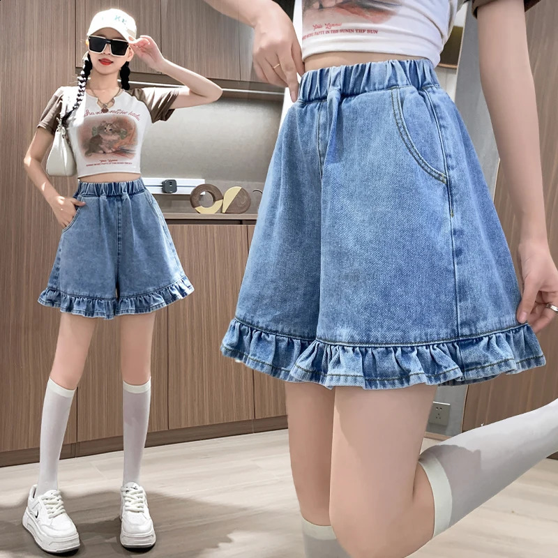Ruffle plus size womens denim shorts for summer 2024 elastic Wassit blue Korean fashion 250228Z