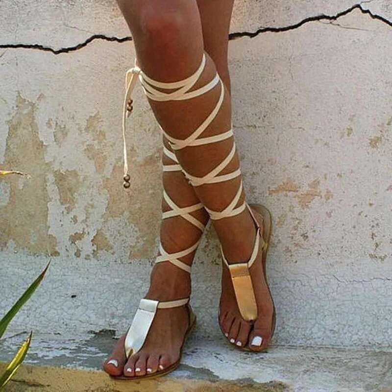 Summer Women Shoes PU Solid Color Classic Casual Street Vacation Daily T-Thong Knee Strap Sexy Fashion Sandals