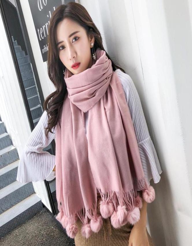 Scarves Real Fur Pompom Pink Scarf For Women Solid Color Yellow Cashmere Winter Shawl Female White Black Hijab Stole1417499