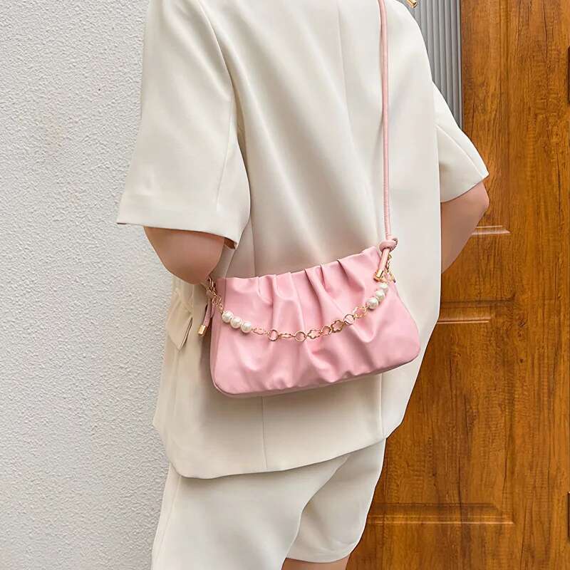 Fashion Clouds Ladies French Pleated Shoulder Hundred Chain Girls Crossbody Bag Pearl Decoration PU Material