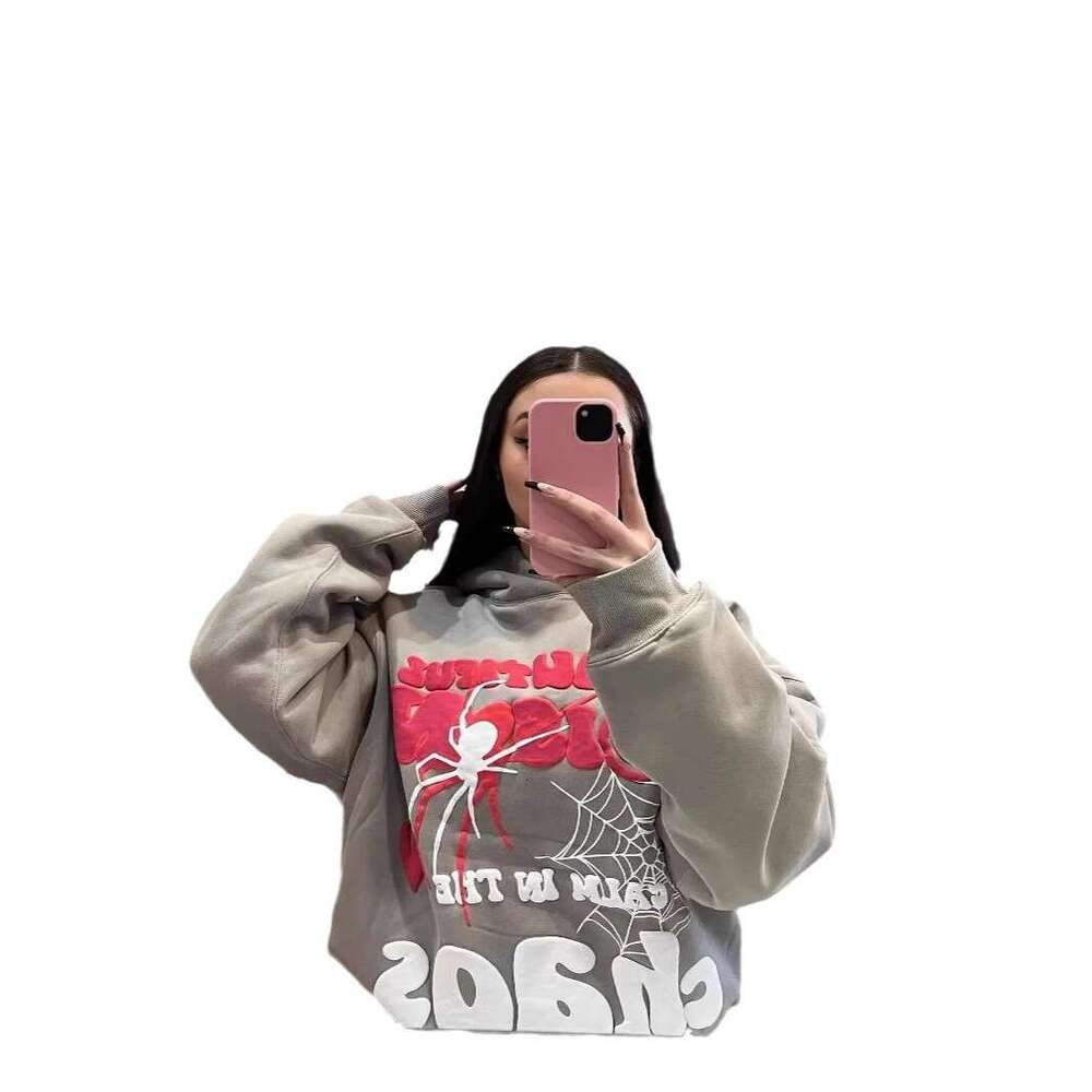 New autumn and winter monsoon letter spider web foam print loose hip-hop hooded sweatshirt
