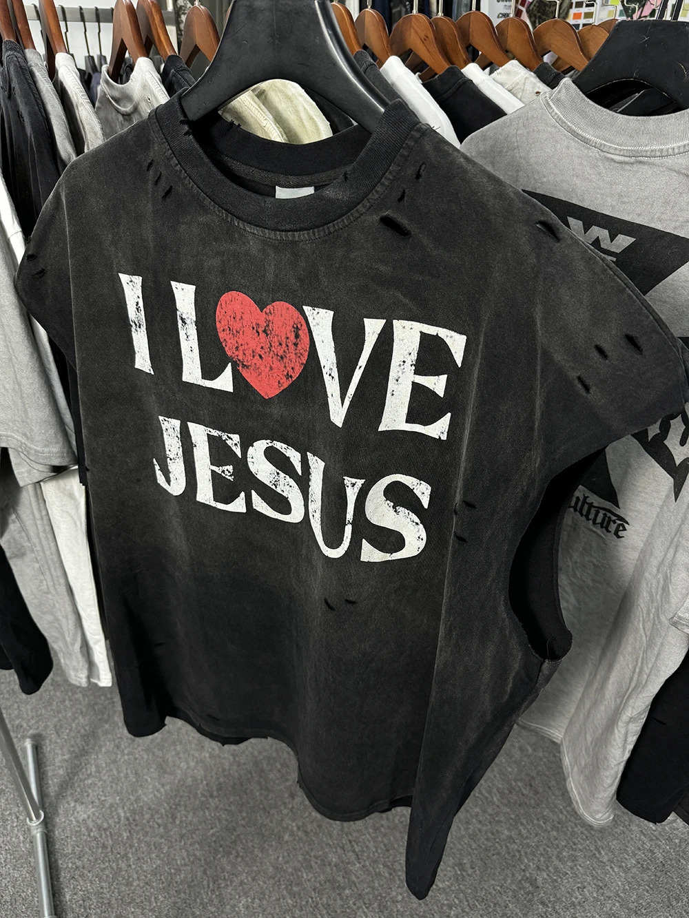 25ss Retro Vintage Cotton Vest Streetwear Oversize Tops Men Clothing I LOVE JESUS Graphics Print Sleeveless T Shirt For Men Y2k 250226