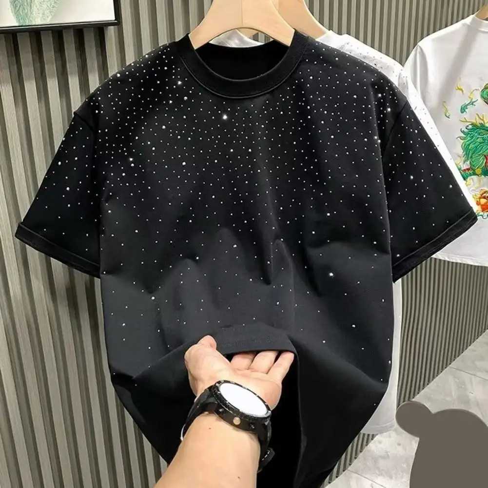 Loose Fit Men Top Men Rhinestone Design T-shirt Stylish Rhinestone-decorated Unisex Couple T-shirts Loose-fit for WearT250227
