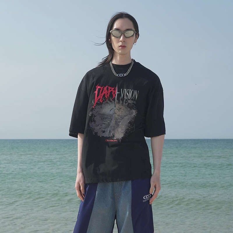 Civision CSC letter print, hole breaking, knife cutting, destruction, niche Vibe trendy brand, summer versatile short sleeved T-shirt