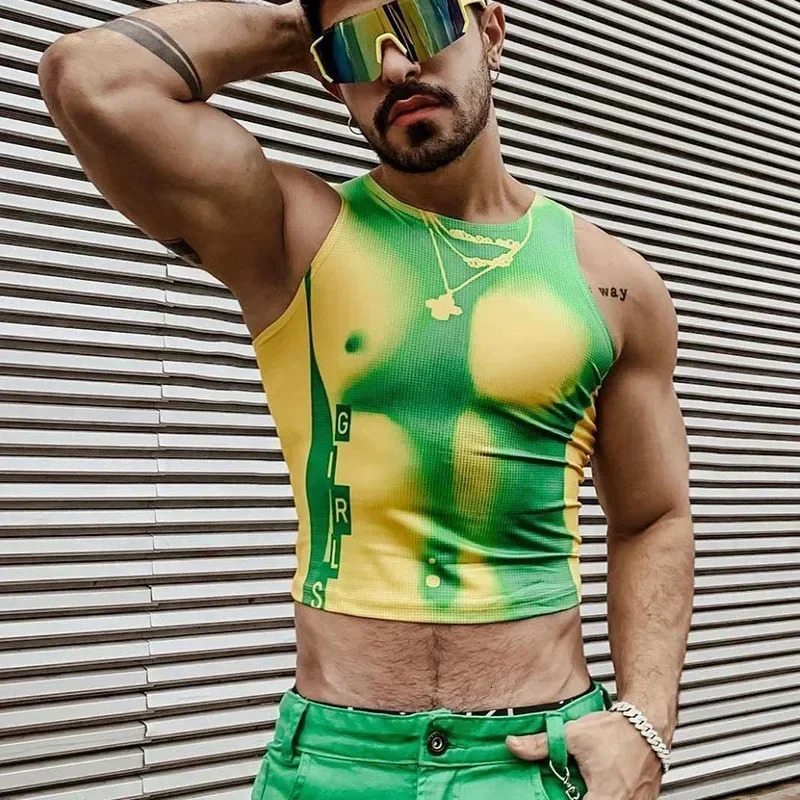 Sexy nightclub vest mens elastic ultra-thin sleeveless shoulder strap crop top mens fashionable street clothing vest Y2K printed basic top vest 250226