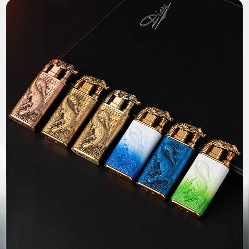 2024 3D Relief Dragon Crocodile Double Fire Lighter Metal Windproof Jet Fire Open Fire Conversion Gas Lighter Smoking Mens Gift Y250228