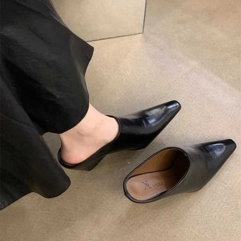 New Arrival European and American Baotou Half Womens Soft Leather Slope High Heels High Cool Fashion Coat Thick Lazy Muller Shoes T250228