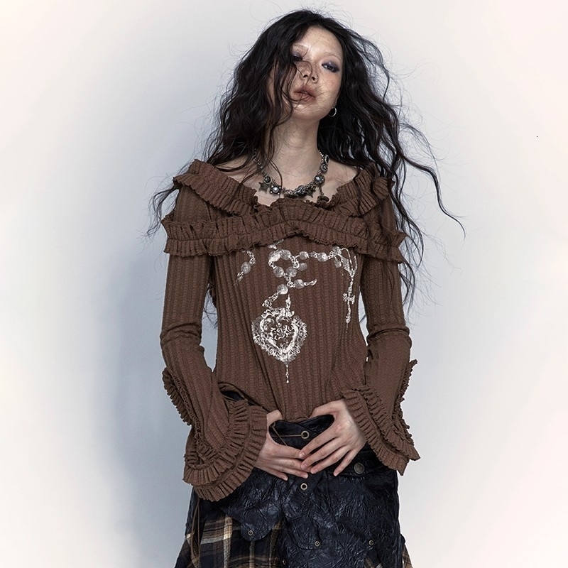 Karrcat Grunge Aesthetics Knitted Top Retro Shoulder Tattoo Printed Tshirt Punk Black Ribbed Gothic 250226