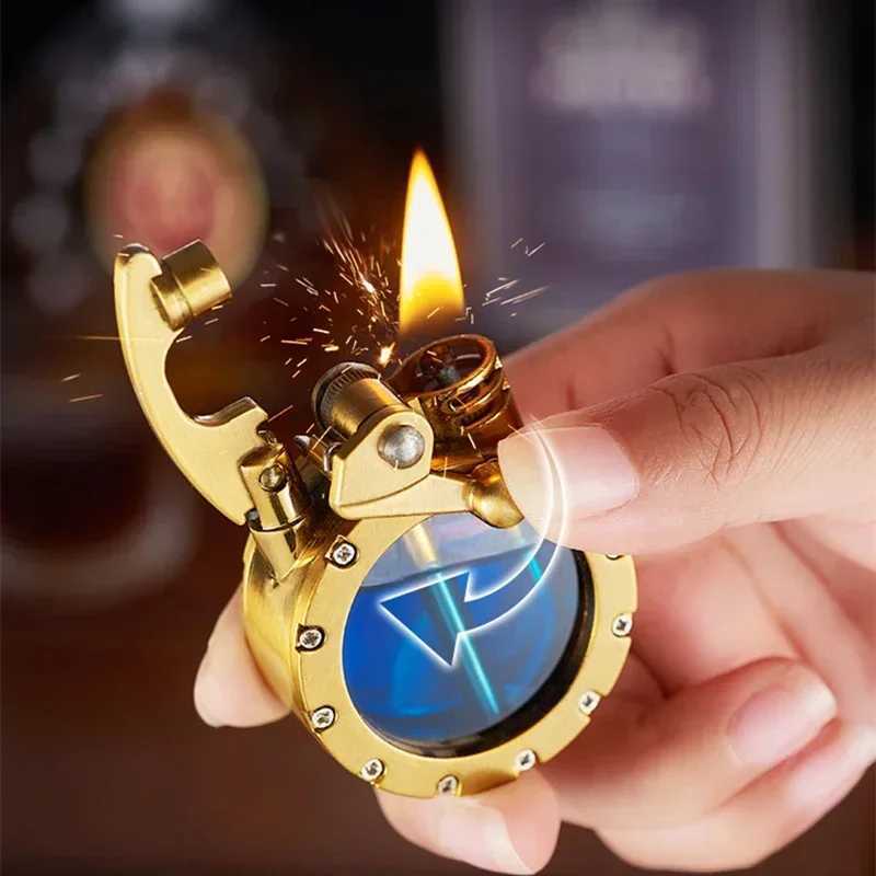 New retro transparent oil tank metal rocker arm Kerosene Lighter Personality windproof cigar Lighter mens series gift Y250228