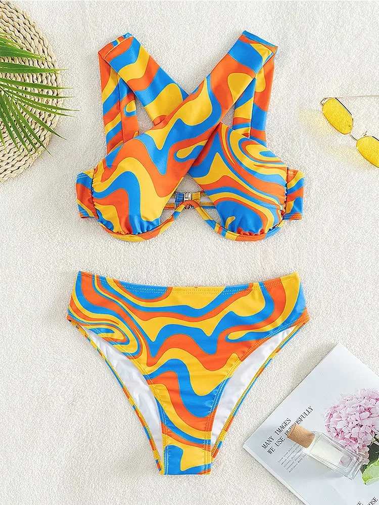 Sexy Underwire Bikini Set 2024 Women Orange Wave er Halter Cross High Waist Swimsuit Summer Bathing Suit 2 Piece Swimwear 250227
