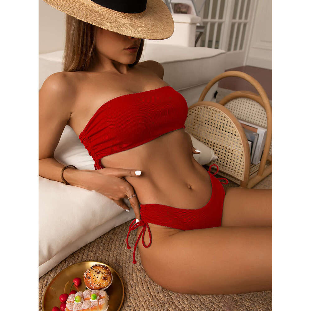 European and American split strapless bikini solid color sexy women's multi-color swimsuit 2025 new casual versatile fashion clothing
