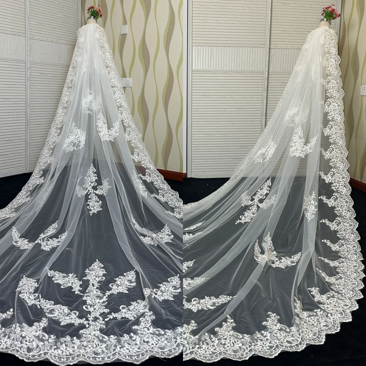 Long Lace Bridal Veils with Comb 3m*2m One Layer White Iovry Appliques Wedding Veil Wedding Accessories Custom Made