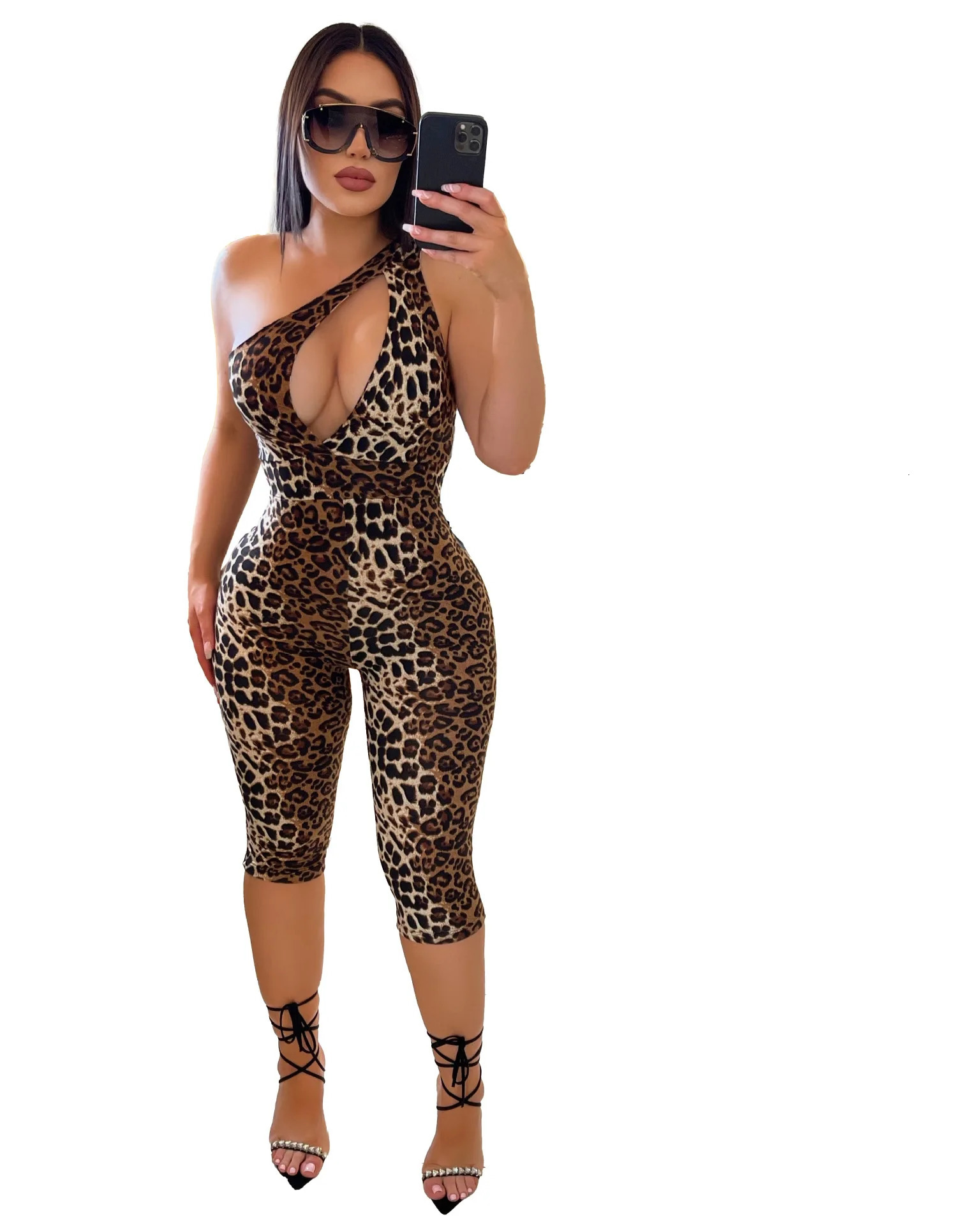 Echoine summer womens leopard print jumpsuit single shoulder hollow thin jumpsuit fashionable nightclub tight and sexy streetwear 250224