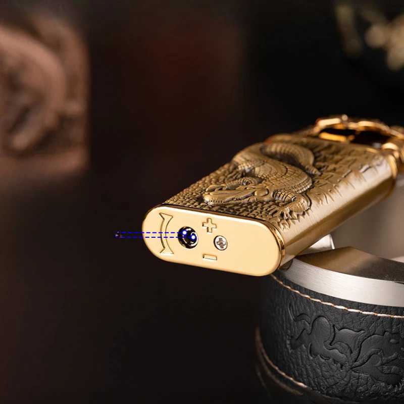 2024 3D Relief Dragon Crocodile Double Fire Lighter Metal Windproof Jet Fire Open Fire Conversion Gas Lighter Smoking Mens Gift Y250228