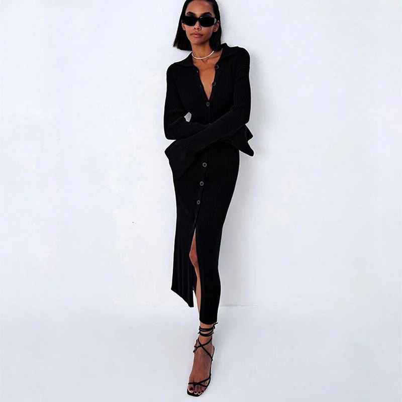 Flare Sleeve Knitted Dress Women Y2K Autumn Winter Sexy Slim Green Midi Dress American Single Breasted Streetwear Club Dresses 250226