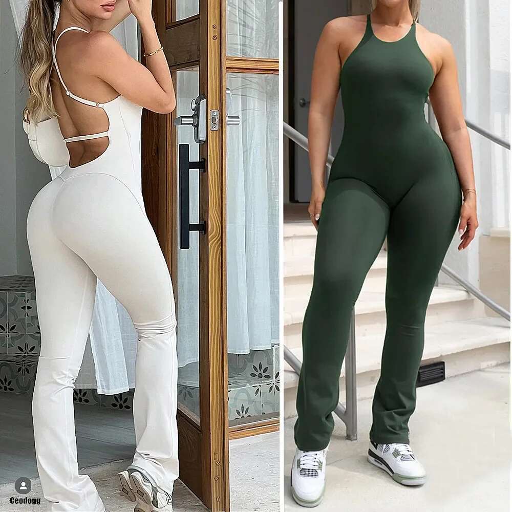2025 Nylon Pad Bunny Sportwear Fiess Yoga Set Workout Flared Legging One Piece Jumpsuit Pants Exercise Active Wear Bodysuit