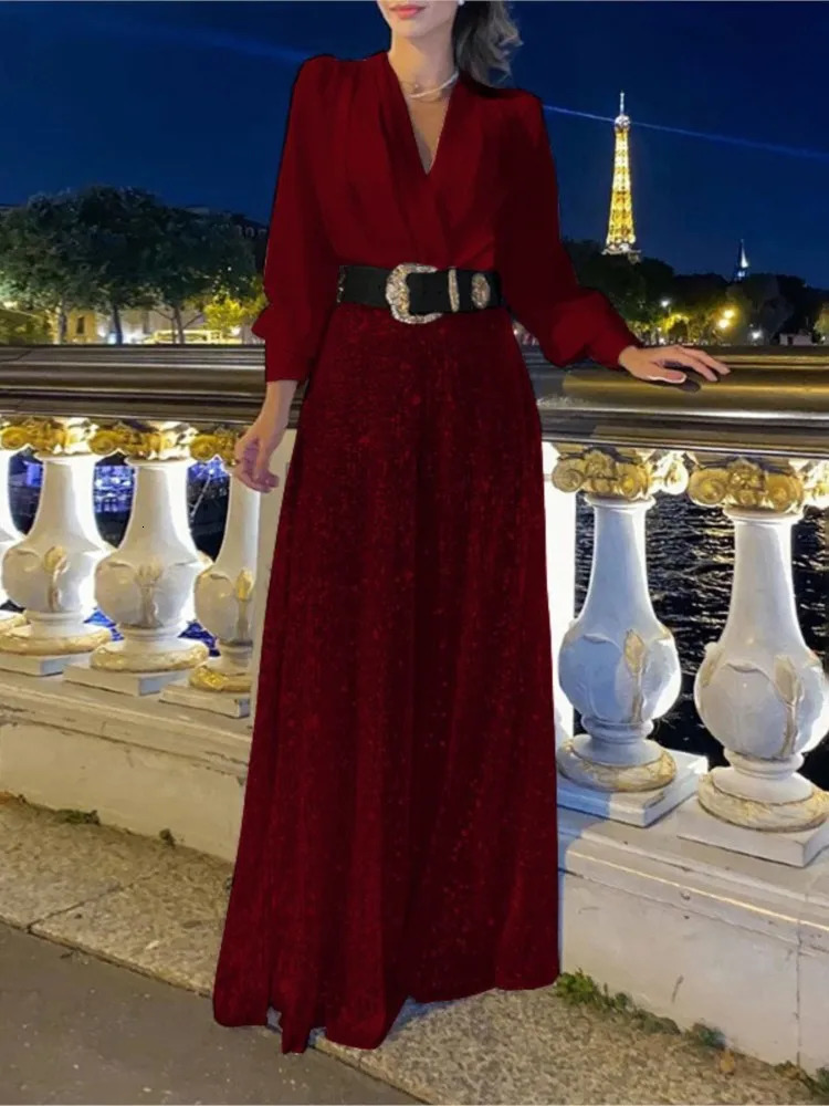 Womens autumn V-neck long sleeved elegant and sexy V-neck waist slimming sequin wide leg jumpsuit set 250225