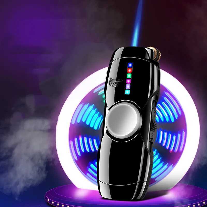 Creative LED Fidget Gyro Butane Gas Lighter Outdoor Windproof Metal Turbo Jet Cycle Use Blue Flame Torch Lighter Mens Gift X250228