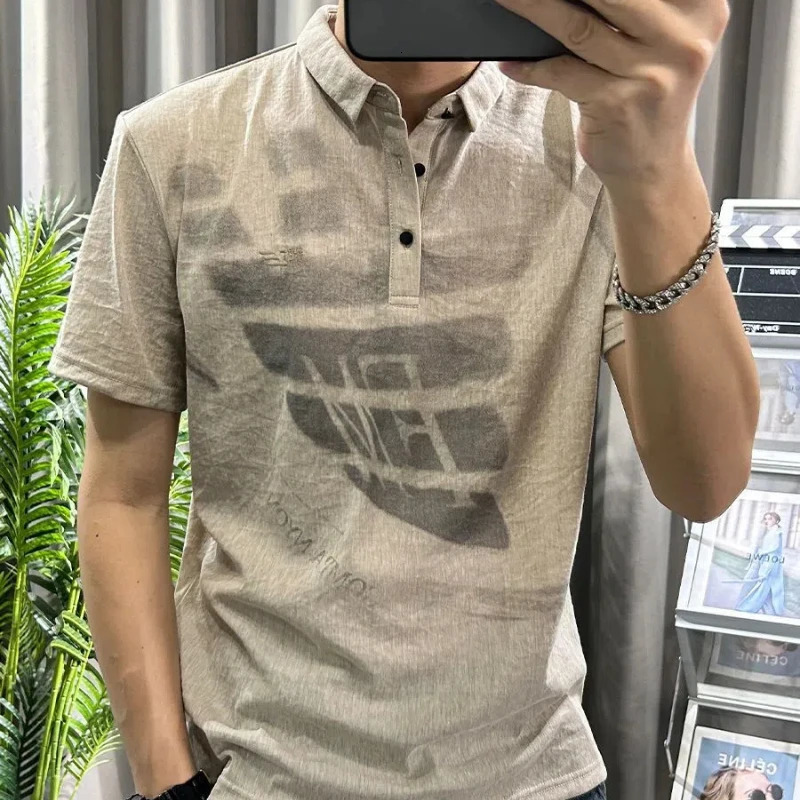 Trendy printed lapel cotton linen short-sleeved polo shirt mens T-shirt youth thin half-sleeved linen mens half-sleeved 250227