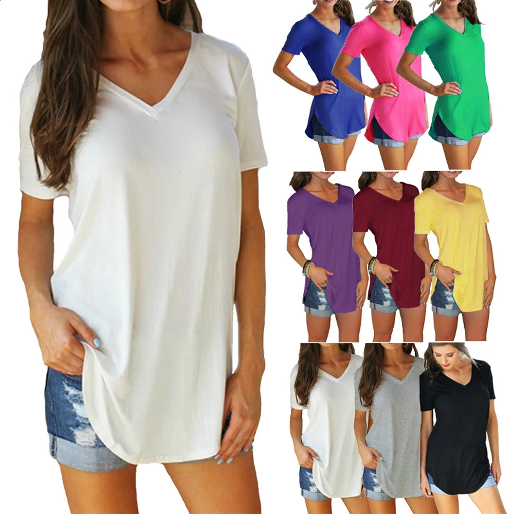 Summer solid color blouse V-neck short sleeve loose T-shirt hem arc women clothes 250228