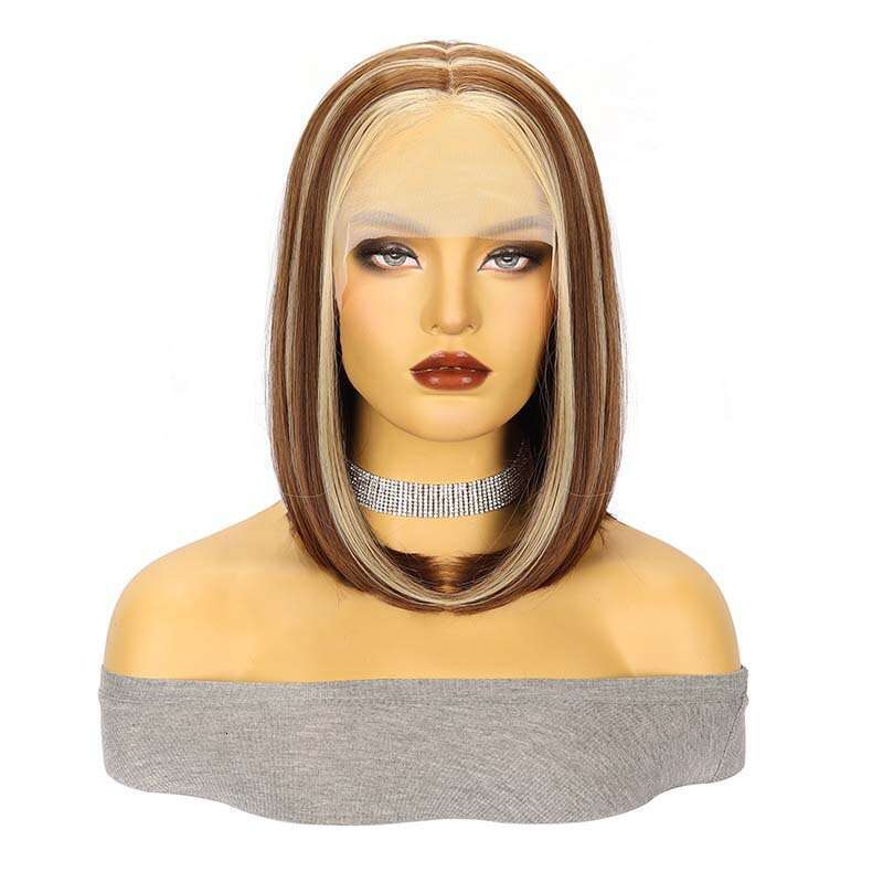 HD Front Lace Wig Hand Hook Front Wig Female BOBO Short Straight Fiber Headset Lace Wigs Gradient Gold