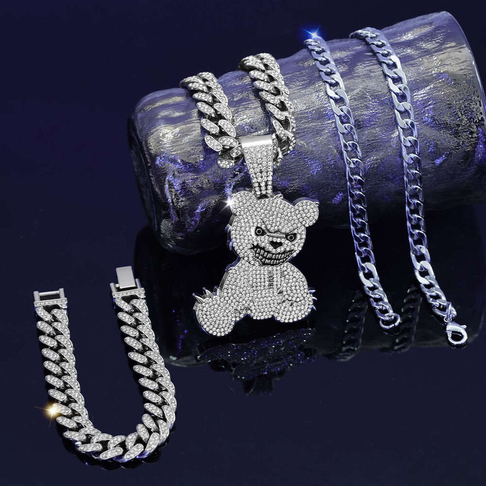 Jewelry Fashion Full Dia Bear Pendant Necklace Men's Hip Hop Cuban Chain Bracelet Three Piece Set