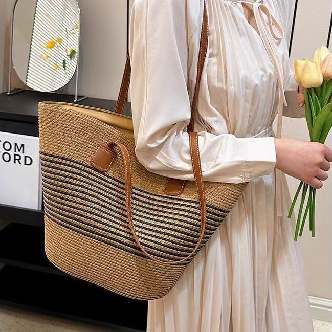Grass bag for women, summer handbag, beach tote large capacity shoulder rattan woven grass bucket bag, trendy #swissmilitary