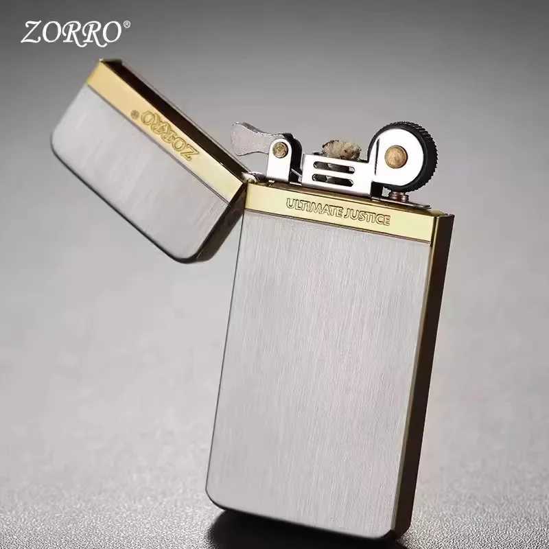Zorro Windproof Ultra-thin Pure Copper Kerosene Lighter Vintage Engraved Wheel Metal Lighter Mens Smoking Accessories Gadgets Y250228