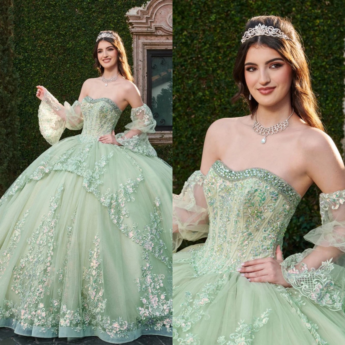 Classic Ball Gown Quinceanera Dresses For Women Appliques Sequins Gowns Sweetheart Neck Removable Sleeves Party Prom Sweep Train Dress Customied