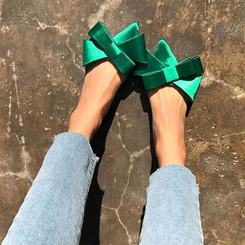 Spring and Summer Women's Shoes Korean Silk Satin Pointed Bow Tie Baotou Flat Heel Sets Semi Slippers