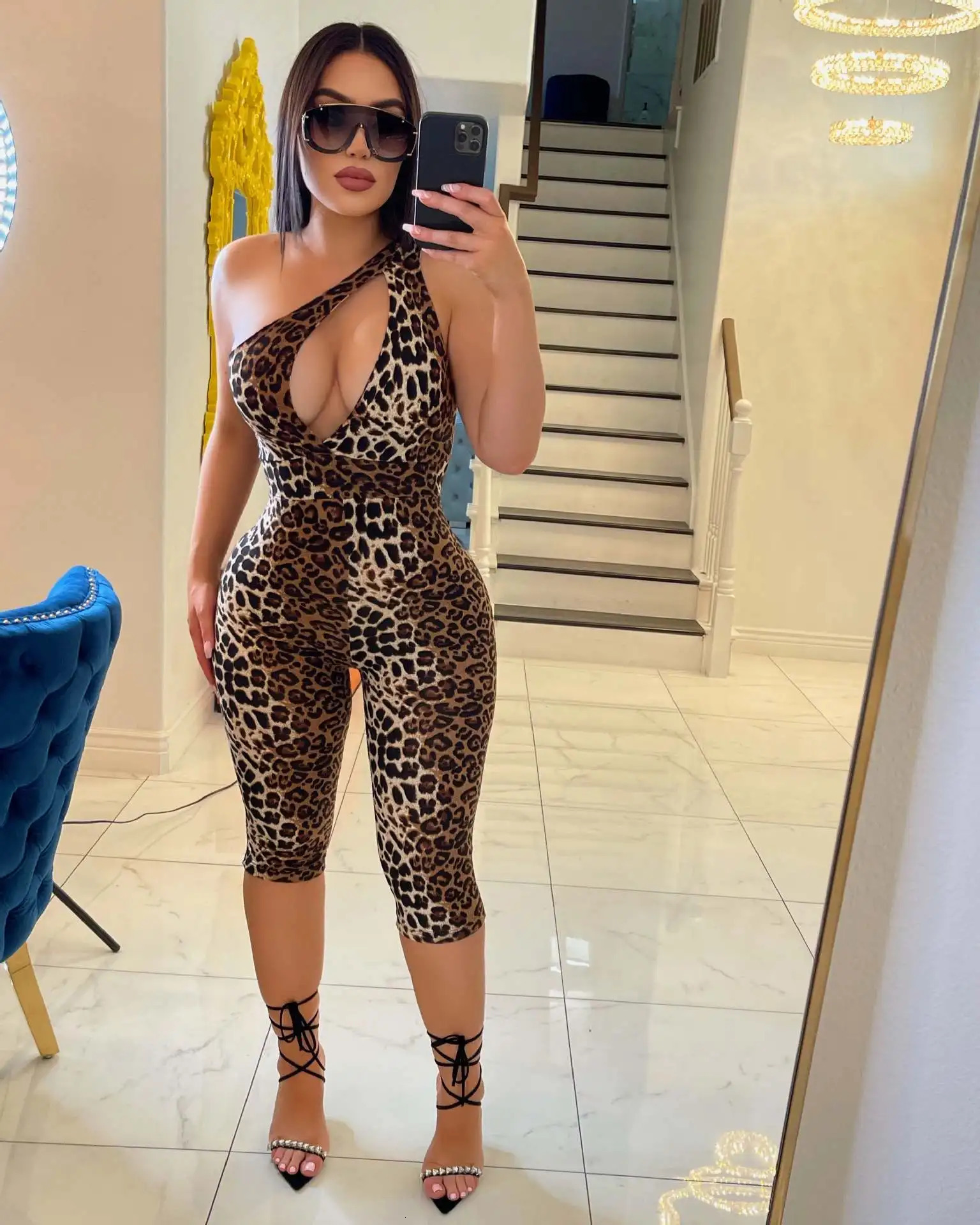 Echoine summer womens leopard print jumpsuit single shoulder hollow thin jumpsuit fashionable nightclub tight and sexy streetwear 250224