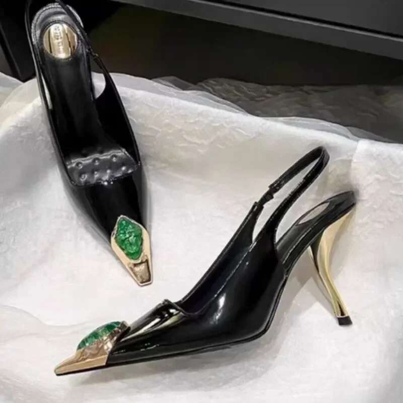 Women's Fashion Baotou Sandals Spring New Metal Pointed Head Shallow Mouth e with Non-slip High Heels