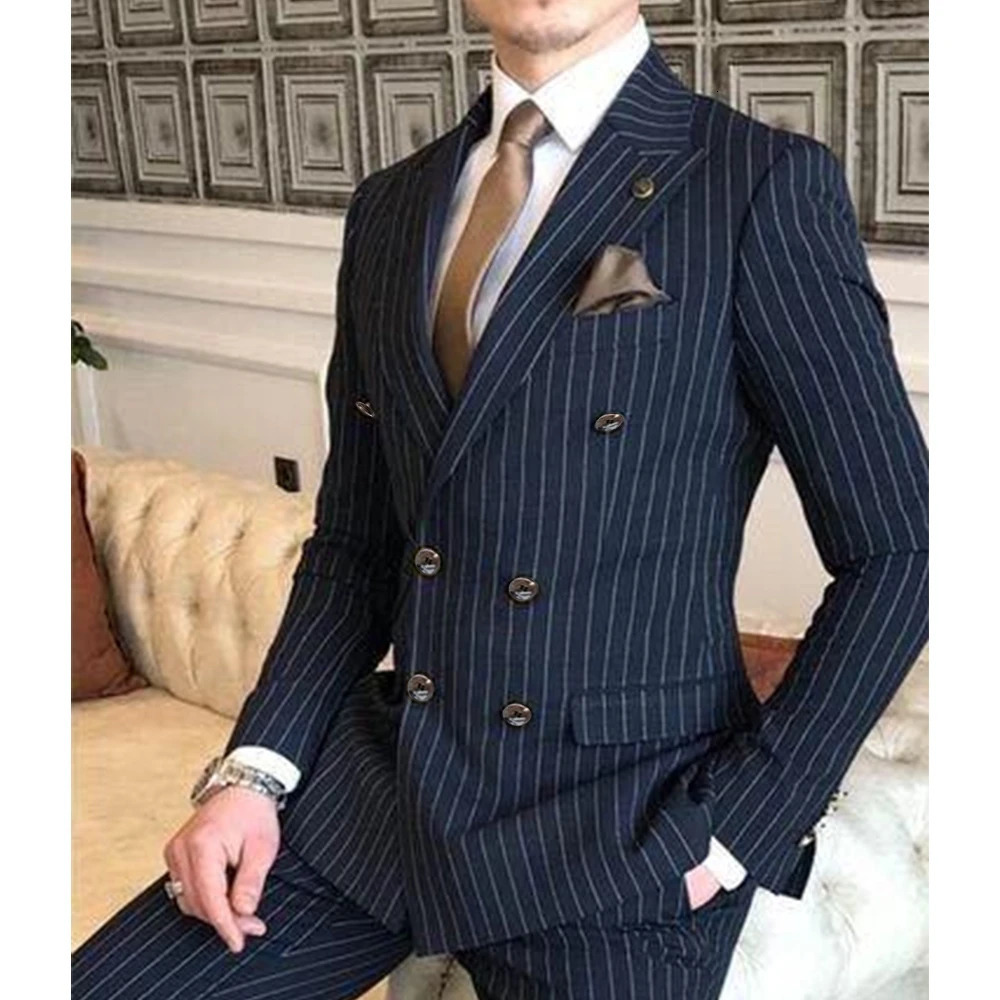 Handsome Navy Blue Suits for Men Lapel Double Breasted 2 Pieces Jacket Pants Costume Homme Terno Prom Party Male Clothing 250224