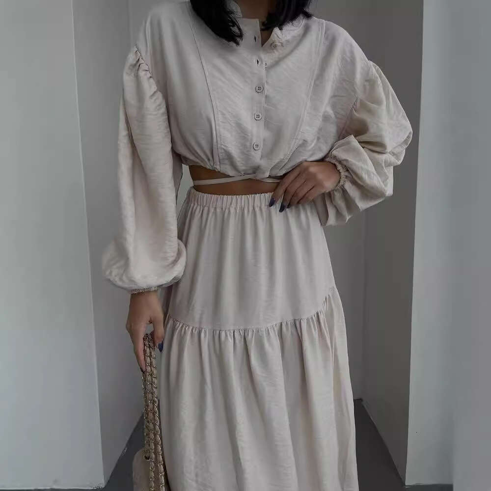 2024 European and American new lace up long sleeved top pleated split skirt set