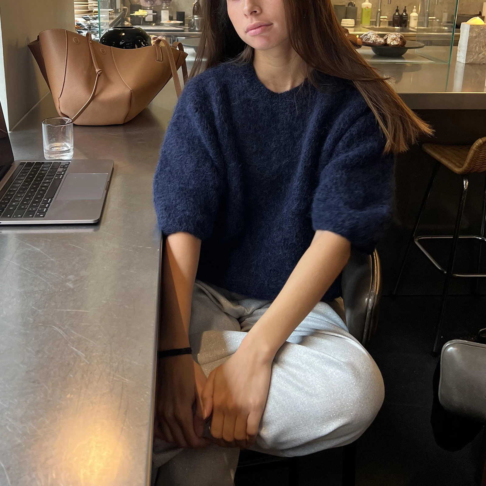 Womens Spring and Autumn Y2K Retro Loose Knitted Sweater Half Sleeve Round Neck Solid Color Casual Cutting Pullover Top 250225