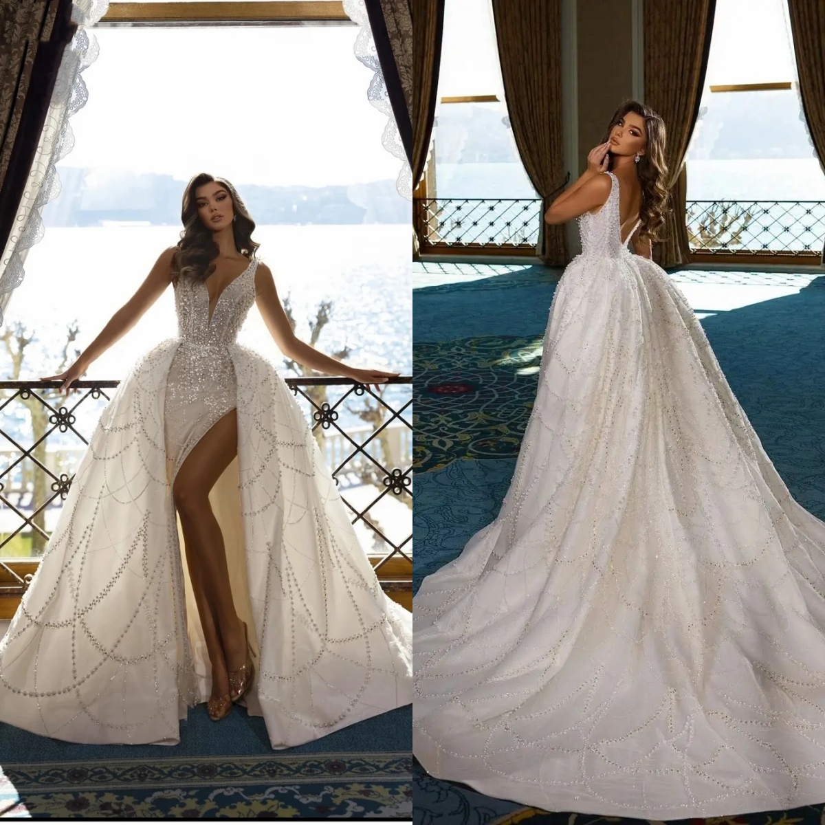 Sexy Mermaid Wedding Dress V Neck Sleeveless Bridal Gowns Sequins Split Side Detachable Train Dresses Custom Made vestidos de novia