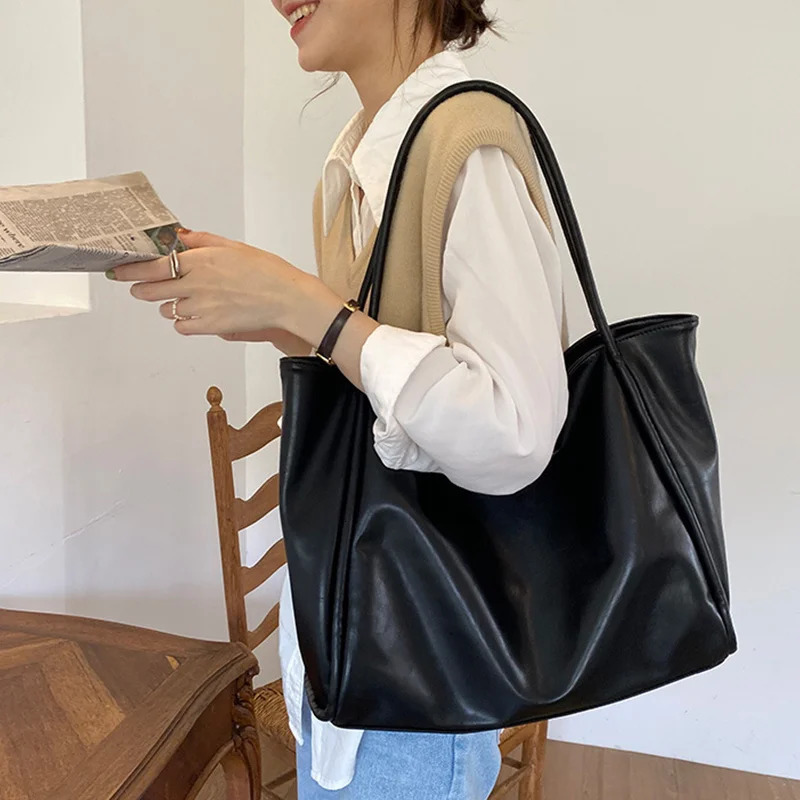 Women Tote Bag Retro Solid Color Underarm Pouch For Student Large Capacity Soft Pu Leather Shoulder Fashion Portable Bucket 250221