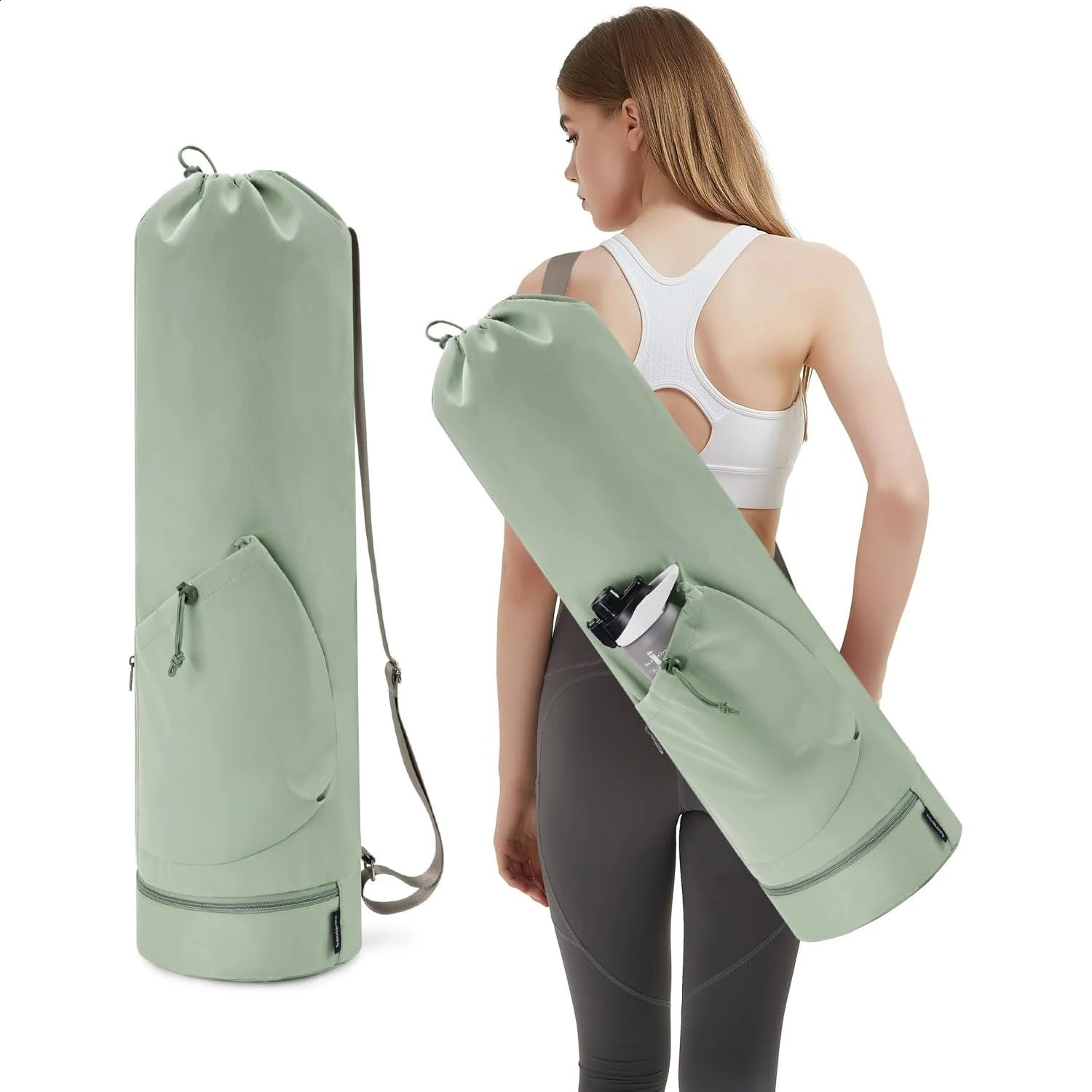 Yoga Mat Bag - Large Opening Long Tote with Waterproof Wet Pocket and Drawstring Water Bottle Pocket Adjustable Strap 250221