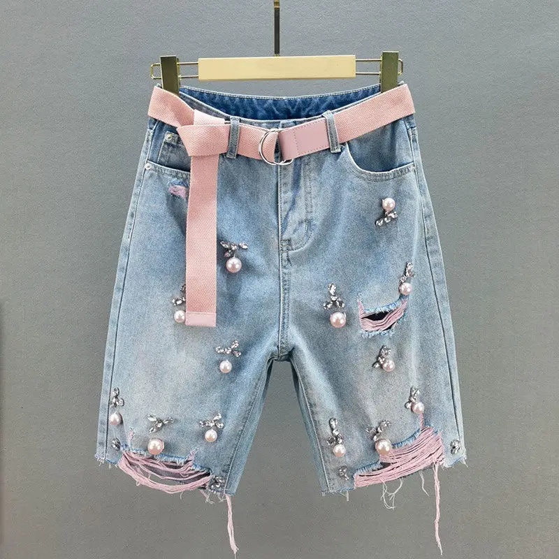 Green Hole Denim Shorts Women Summer Pearl Diamond Decoration Raw Edge Short Jeans Chic High Waist Loose Straight Denim Shorts 250227