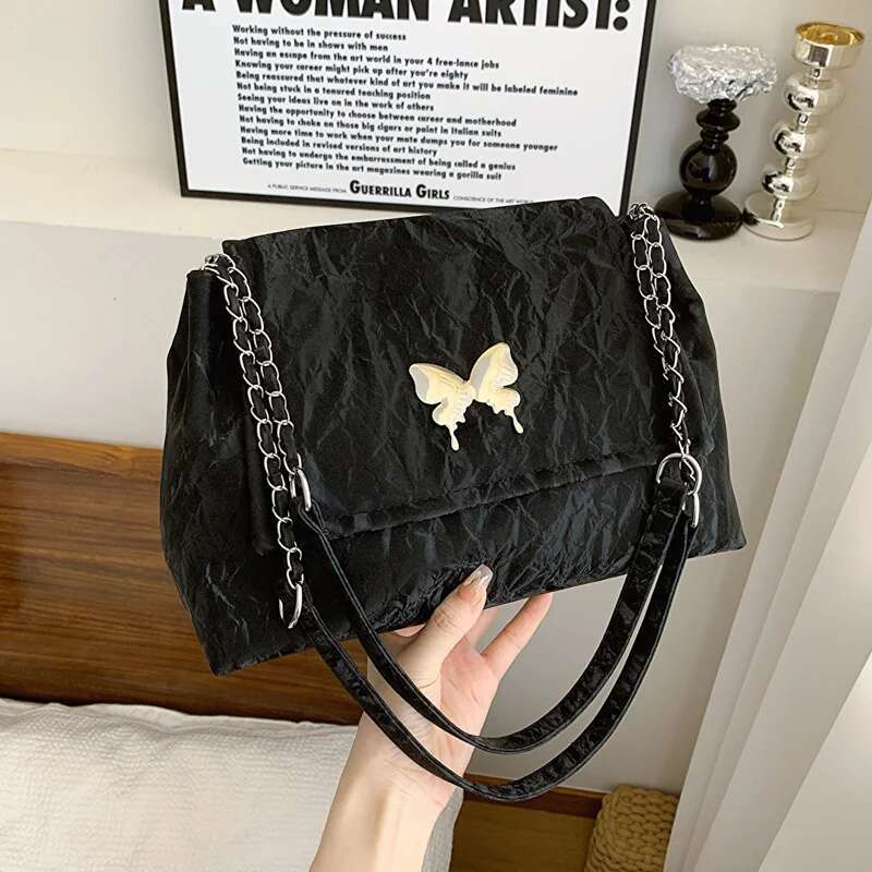 New Ladies Shoulder Fashion Commuter Slanting Cross Women's Bag Girls Hundred Handbag Chain Metal Piece Decoration PU Materi