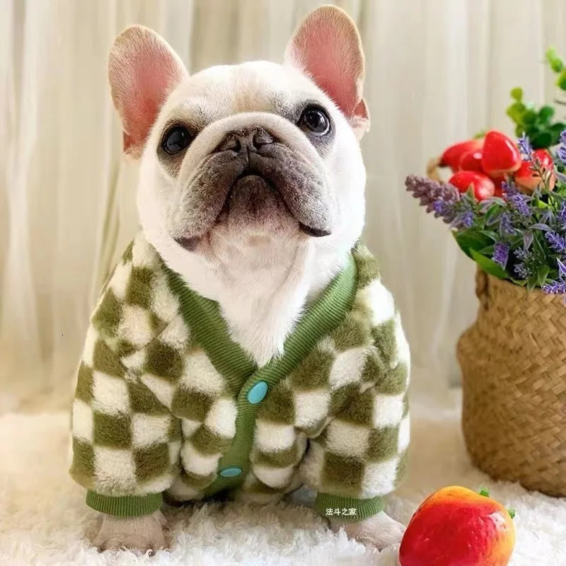 French Bulldog Winter Dog Clothes Coat Warm and Thickened Vest Jacket Fat Dog Costume Bulldog Pug Green Plaid Pet Dog Clothes 250226