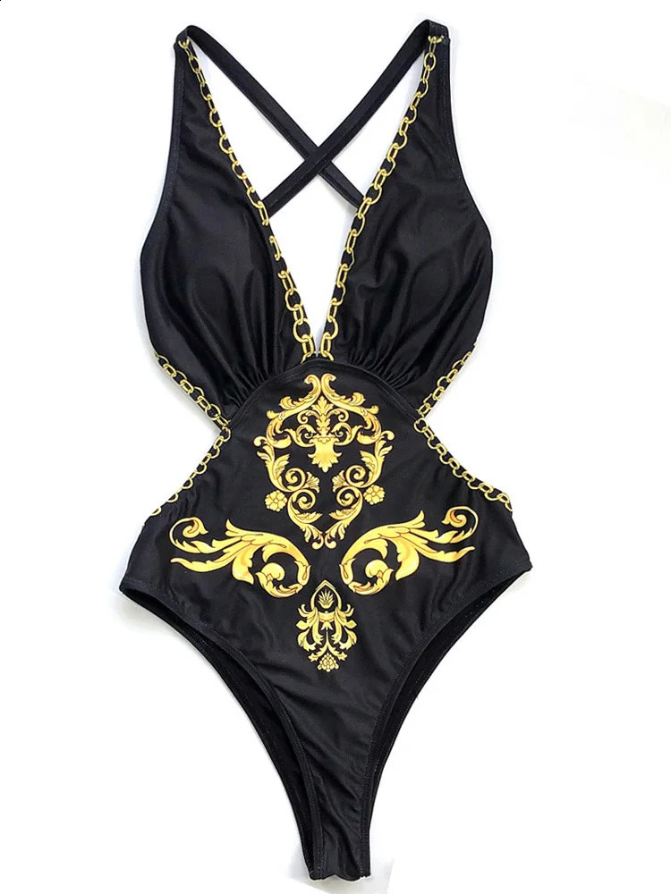 Vigoashely Sexy Black Print Swimwear Women Vintage One Piece Swimsuit Female 2025 Bandage Monokini Deep V Bathing Suit Swim Wear 250227