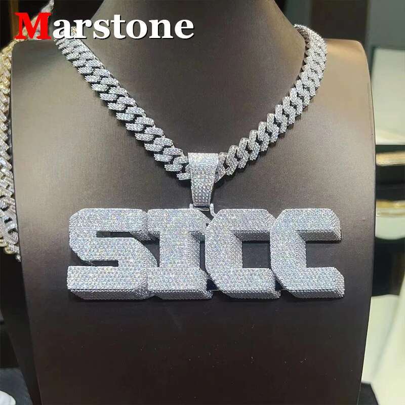 Full D Color VVS Moissanite Dia Hip-hop Men's Women's Letter Pendant S Sliver 15MM Cuban Chain Necklace