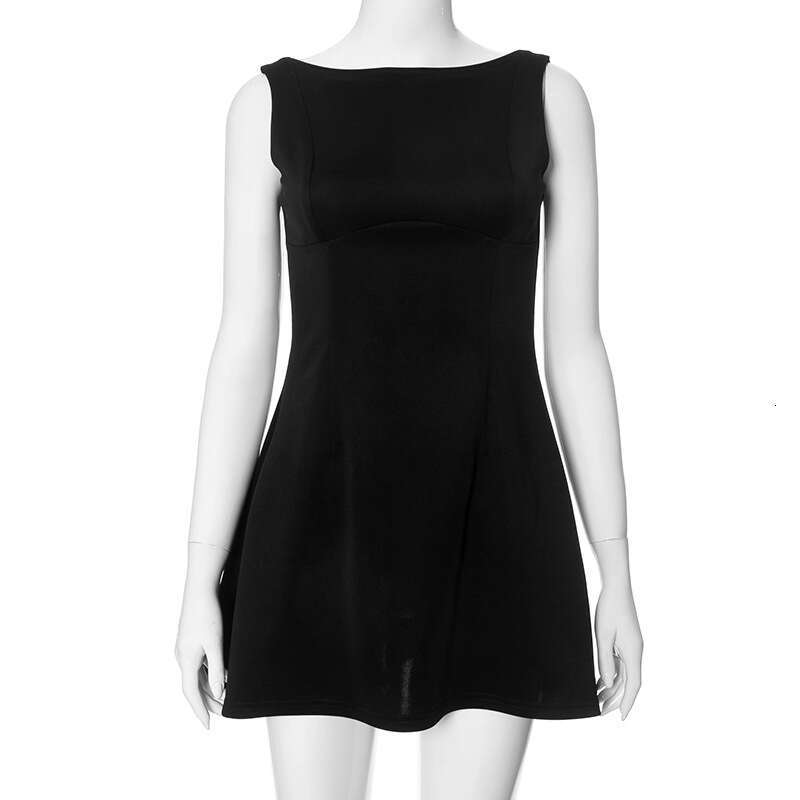 M24DS068 European and American style summer women's solid color round neck sleeveless backless high waisted dress wholesale 2025 new casual fashi