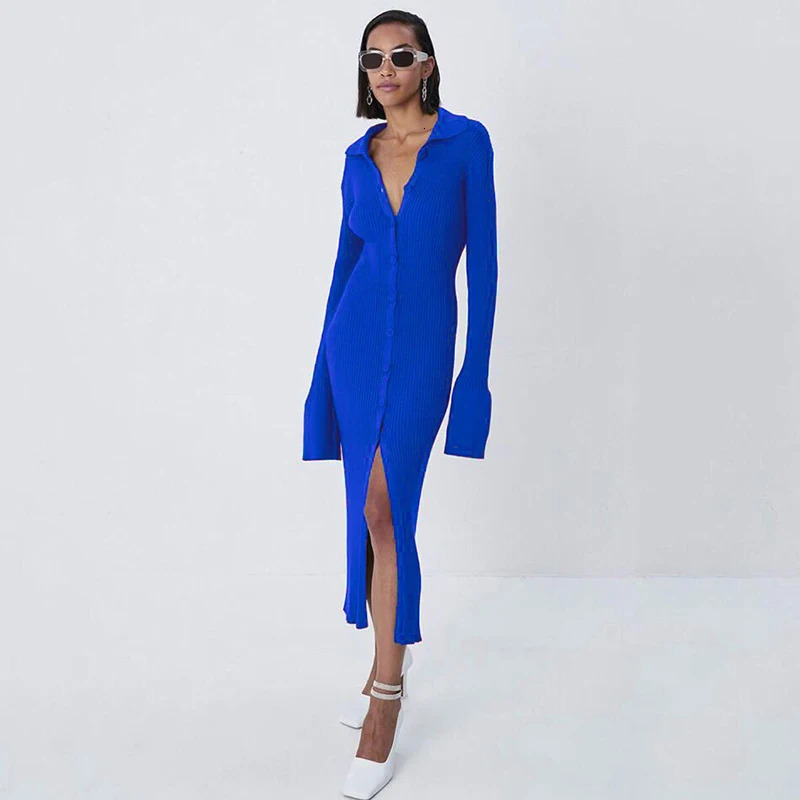 Flare Sleeve Knitted Dress Women Y2K Autumn Winter Sexy Slim Green Midi Dress American Single Breasted Streetwear Club Dresses 250226