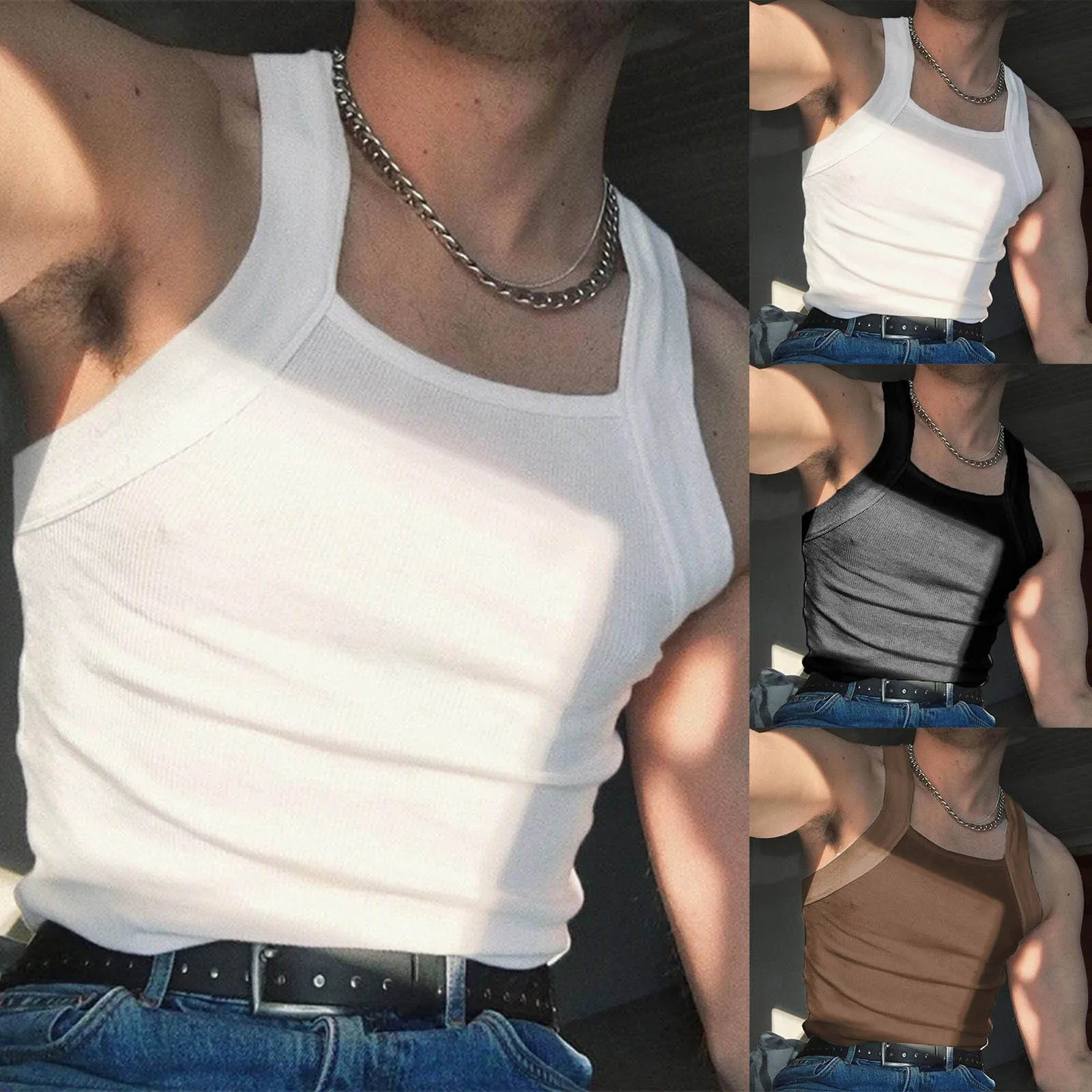 Mens Brown Shirts Tank Tops Y2k Vintage Solid Color Shirt Vests Sleeveless Skinny Vest Sexy MenS Classic Daily Homewear 250226