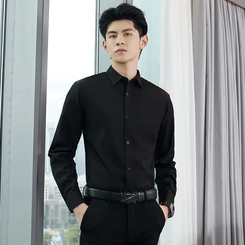 Mens long sleeved square neckline black gray shirt slim fit set thin casual top mens clothing 250226
