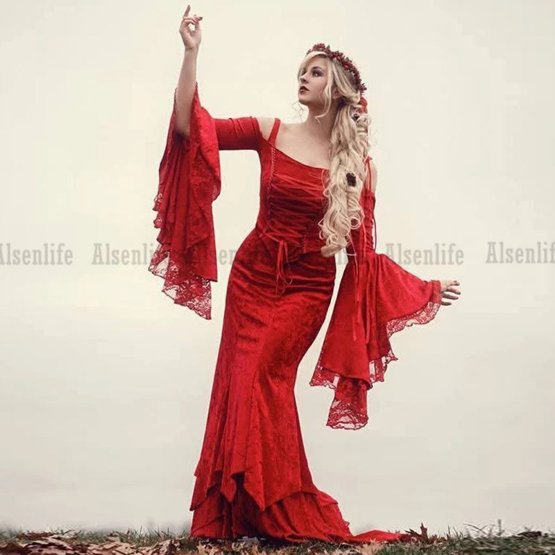 Medieval Gothic Wedding Gowns Red Off Shoulders Long Sleeves victorian fairytale Bridal Dress Romantic Country Wedding Gown