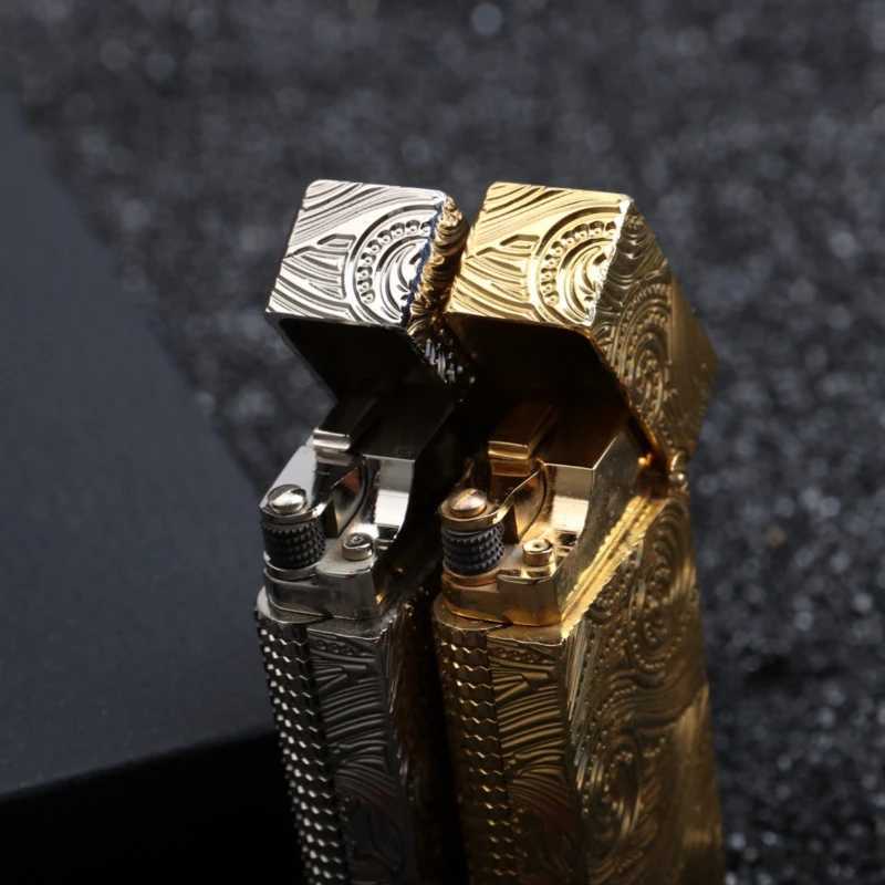 2024 New Luxury Brass Lighter With Side Sliding Gold Carving European ical Grinding Wheel Ignition Lighter Y250228